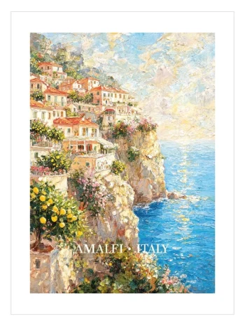Amalfi Italy Poster ile Akdeniz kıyılarında yer alan renkli İtalyan sahil kasabası manzarası