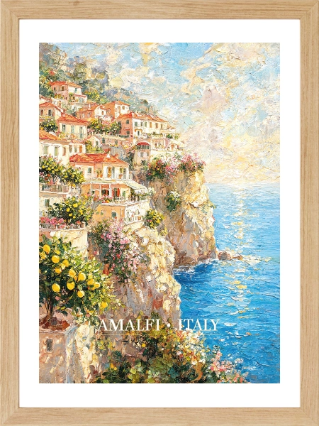 Amalfi Coast deniz manzarası ve limon ağaçlarını gösteren dekoratif duvar posteri