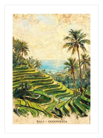 Bali Indonesia Poster ile tropikal pirinç tarlaları ve palmiye ağaçları manzarası