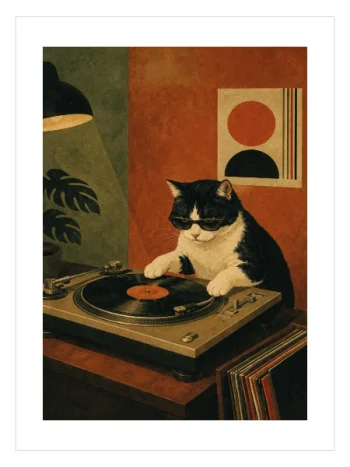Pikap başında plak çalan güneş gözlüklü siyah beyaz DJ kedi duvar tablosu