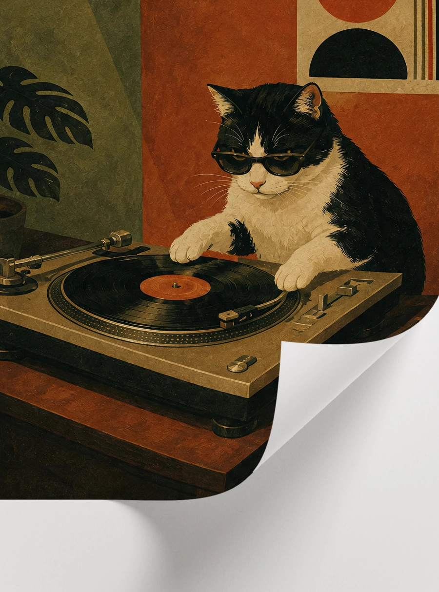 Retro müzik odası için tasarlanmış plak sever kedi sanat baskısı