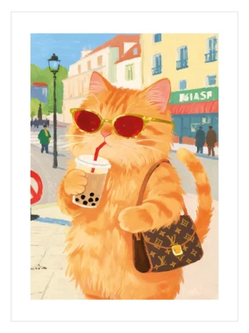 Güneş gözlüğü takan ve bubble tea içen moda ikonu turuncu kedi duvar tablosu