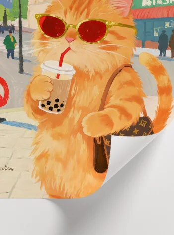 Şehir arka planında stil sahibi kedi illüstrasyonu