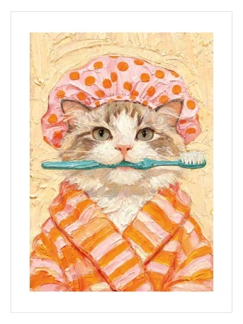 Funny Bathroom Cat Poster diş fırçası tutan sevimli kedi tasarımı