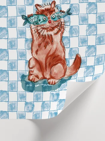 Mavi kare desenli arka plan üzerinde komik kedi illüstrasyonu