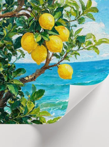 Sarı limonlar ve turkuaz denizden oluşan yağlı boya sanat tasarımı