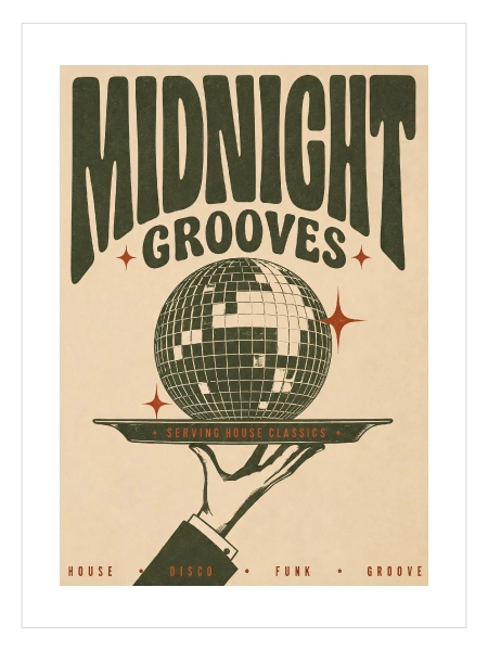Midnight Grooves Poster — Retro Disco ve Tipografi Temalı Duvar Posteri 