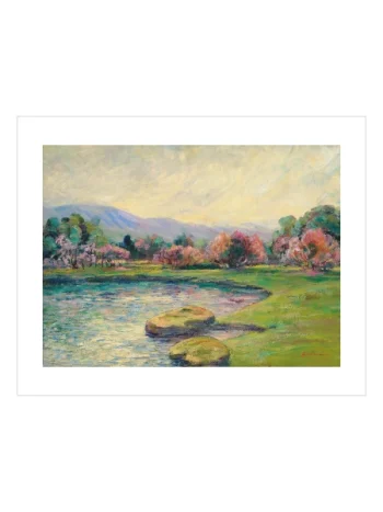 Pastel tonlarla hazırlanmış bahar gölü manzarası duvar posteri