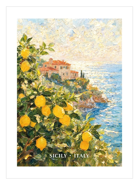 Sicily Italy Poster ile limon bahçeleri ve Akdeniz manzarasını gösteren dekoratif duvar tablosu