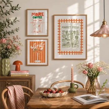 Aperitivo Mood Poster Set ile dekore edilmiş renkli mutfak duvarı