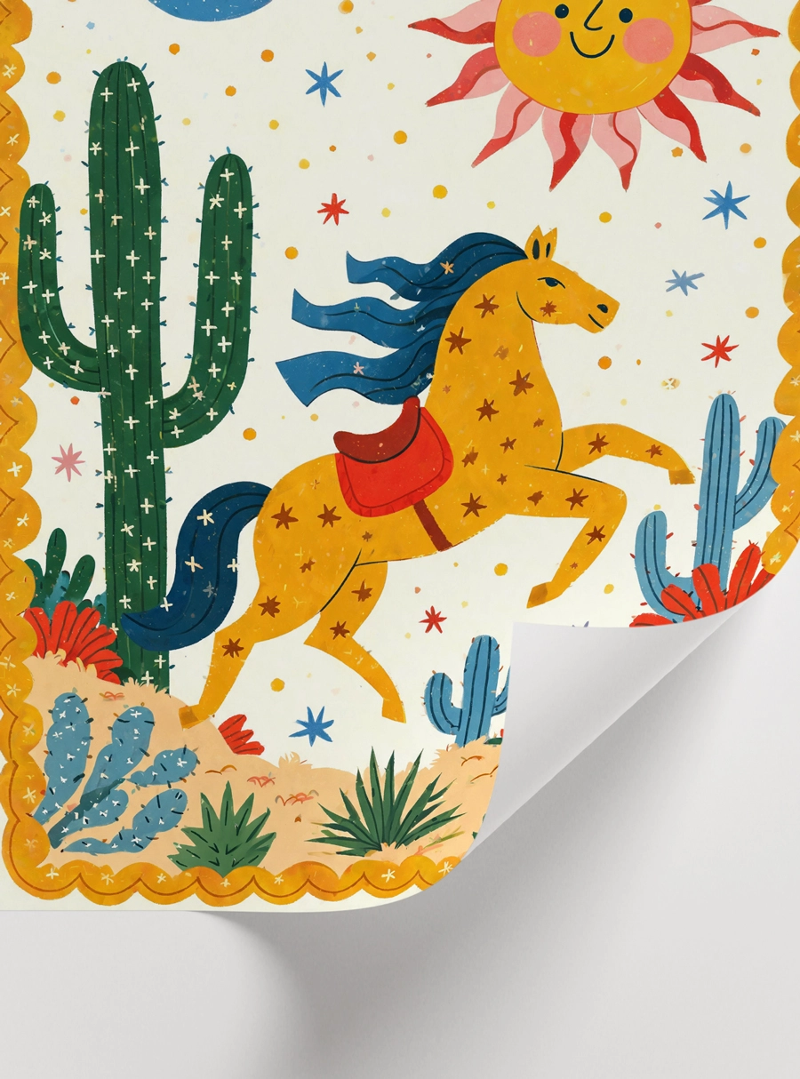 Desert Horse Folk Art Poster — Çöl Atı ve Kaktüs - Görsel 2