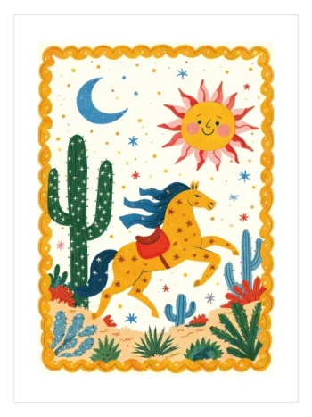 Desert Horse Folk Art Poster — Çöl Atı ve Kaktüs