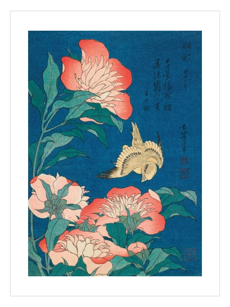 Katsushika Hokusai Peonies and Canary Poster — Şakayık ve Kanarya 