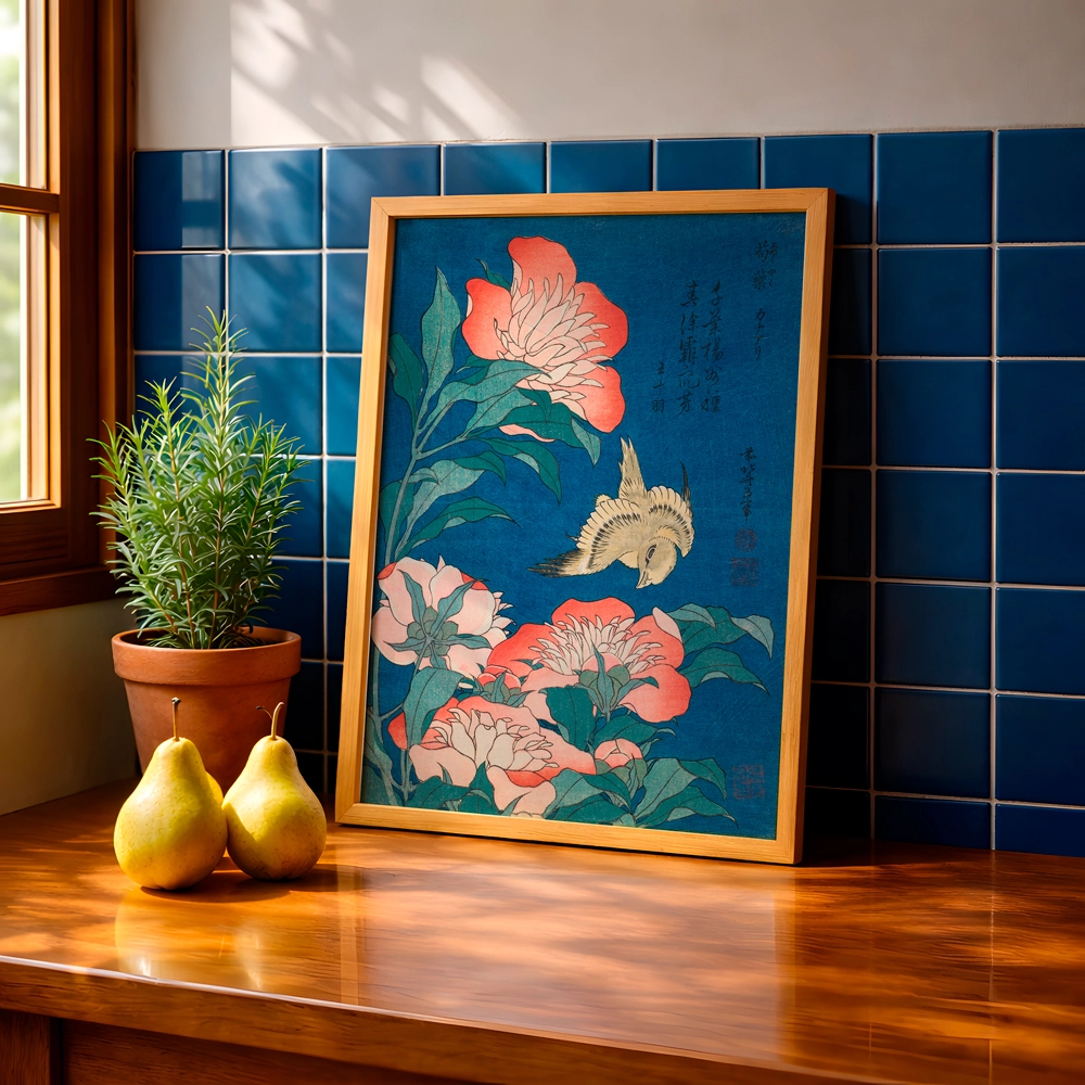 Katsushika Hokusai Peonies and Canary Poster — Şakayık ve Kanarya - Görsel 4