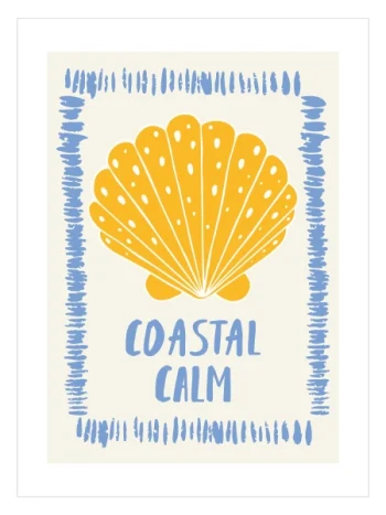 Coastal Calm Poster — Deniz Kabuğu ve Sahil Evi Duvar Dekoru