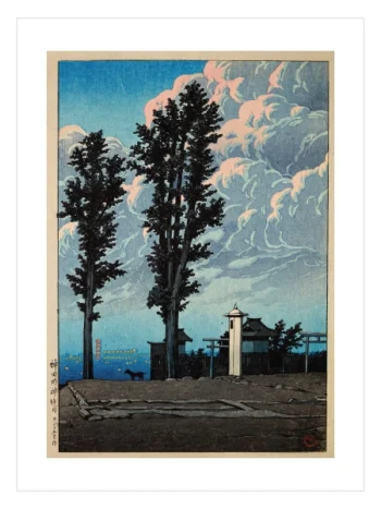 Koyu uzun ağaçlar, geleneksel Japon tapınağı ve Torii kapısı önünde küçük hayvan silüeti ile mavi ve pembe tonlarda büyük bulutların yer aldığı vintage Japon manzarası.