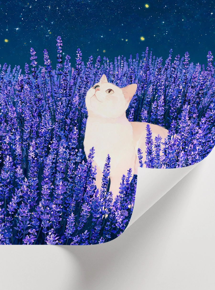 Lavender Night Poster — Lavanta Tarlasında Kedi ve Yıldızlı Gece - Görsel 2