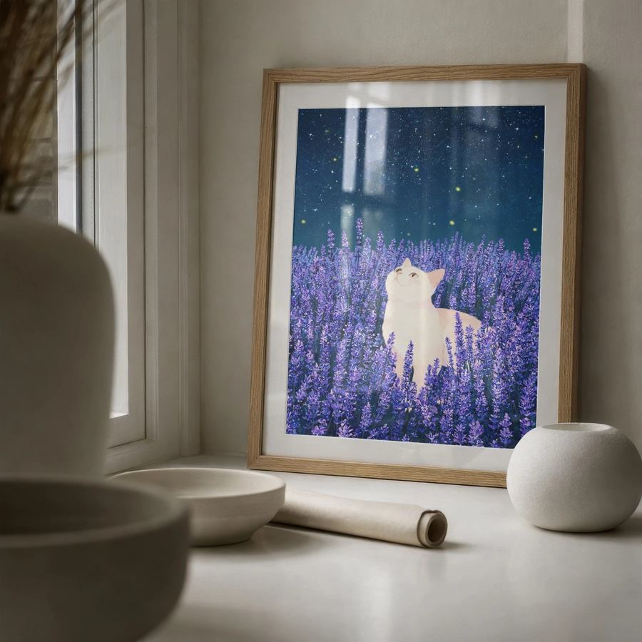 Lavender Night Poster — Lavanta Tarlasında Kedi ve Yıldızlı Gece - Görsel 3
