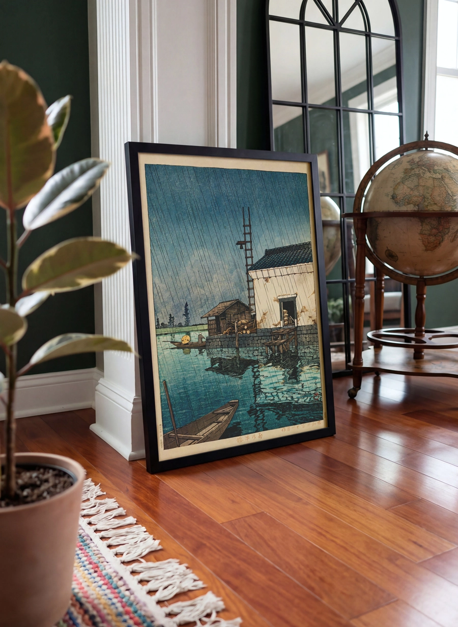 Rainy Harbor Poster — Yağmurlu Japon Limanı ve Tekne Manzarası - Görsel 3