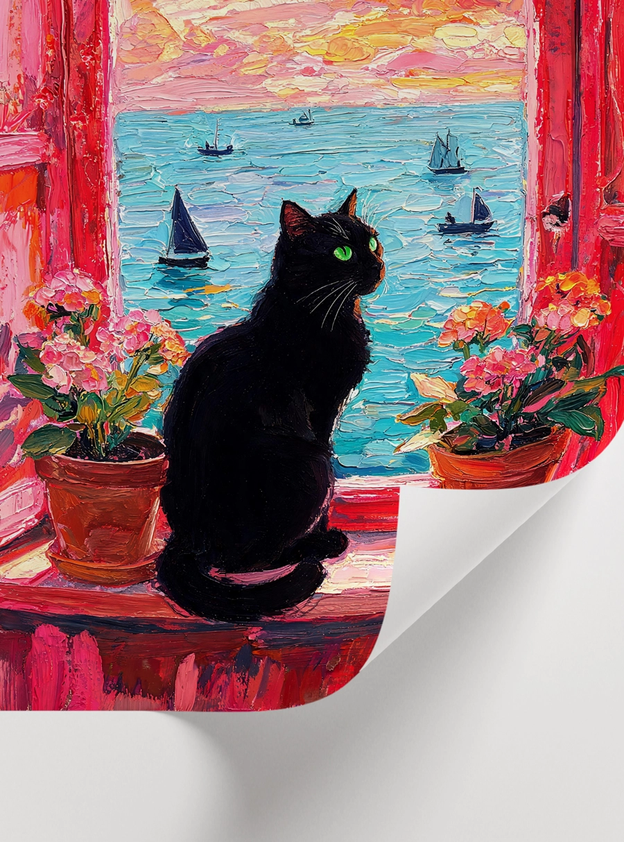 Sea Watcher Poster — Pencerede Siyah Kedi ve Deniz Manzarası - Görsel 2