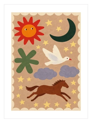 Sun Moon & Horse Folk Art Poster — Güneş Ay ve At