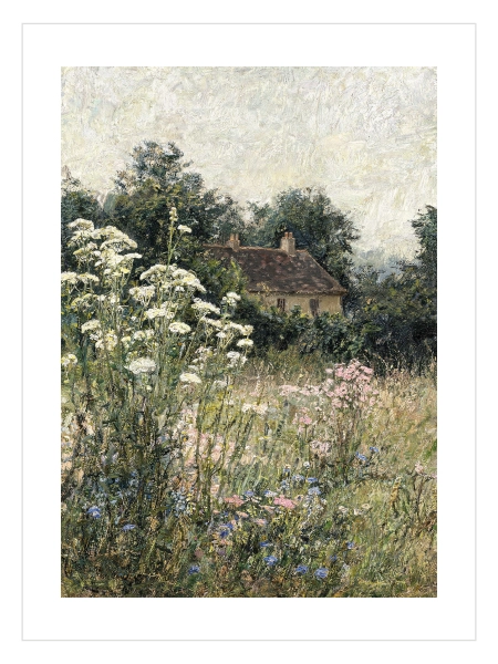 Vintage Cottage Garden Landscape Poster – Vintage Kır Evi ve Çiçekli Bahçe