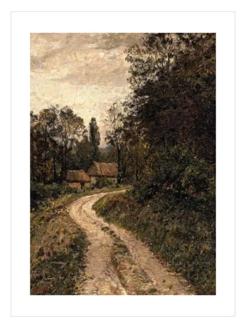 Vintage forest path landscape poster with rustic cottages and woodland scenery – vintage orman yolu ve kır manzarası duvar posteri