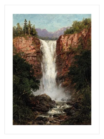 Vintage waterfall landscape poster with mountain and forest scenery – vintage şelale ve dağ manzarası duvar posteri