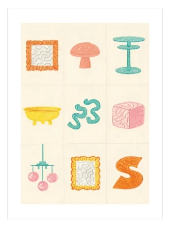 Soft pastel tonlarda çizim pastel boya dokulu soyut objeler ve dalgalı figürler içeren 9'lu illüstrasyon poster