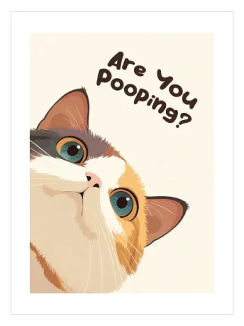Krem ve turuncu tonlarda meraklı kedi çizimi ve Are You Pooping yazılı komik banyo posteri