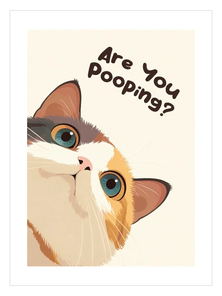 Krem ve turuncu tonlarda meraklı kedi çizimi ve Are You Pooping yazılı komik banyo posteri