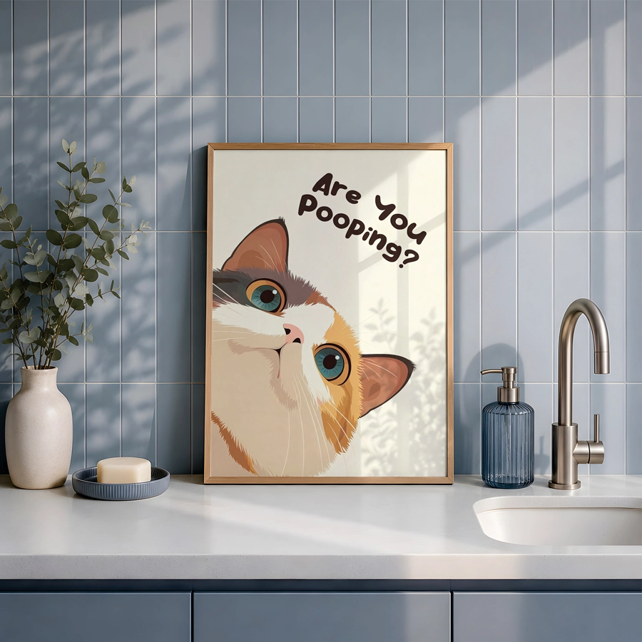 Are You Pooping Cat Poster – Kedi İllüstrasyonu Banyo Tablosu - Görsel 3