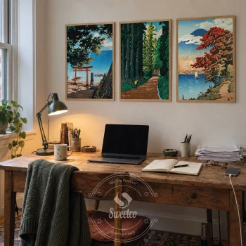 Ahşap çerçevelerde kıyı, orman yolu ve sonbahar gölü manzaralarından oluşan Hasui Kawase 3’lü poster seti, çalışma masasının üzerinde.