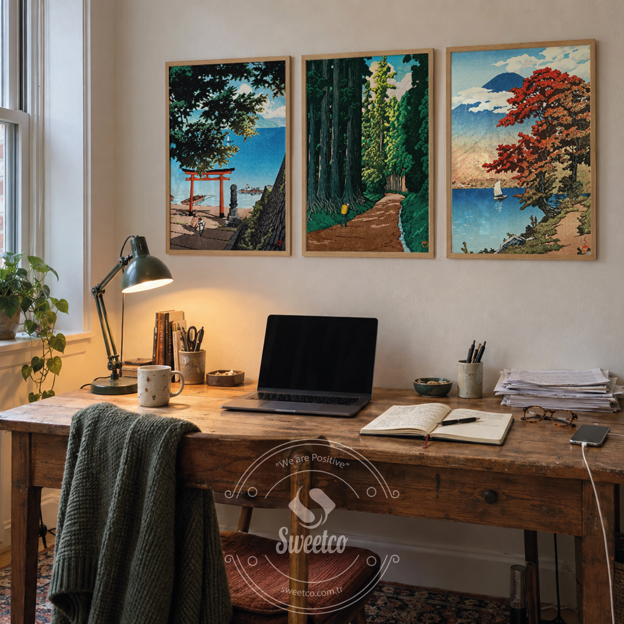 Ahşap çerçevelerde kıyı, orman yolu ve sonbahar gölü manzaralarından oluşan Hasui Kawase 3’lü poster seti, çalışma masasının üzerinde.