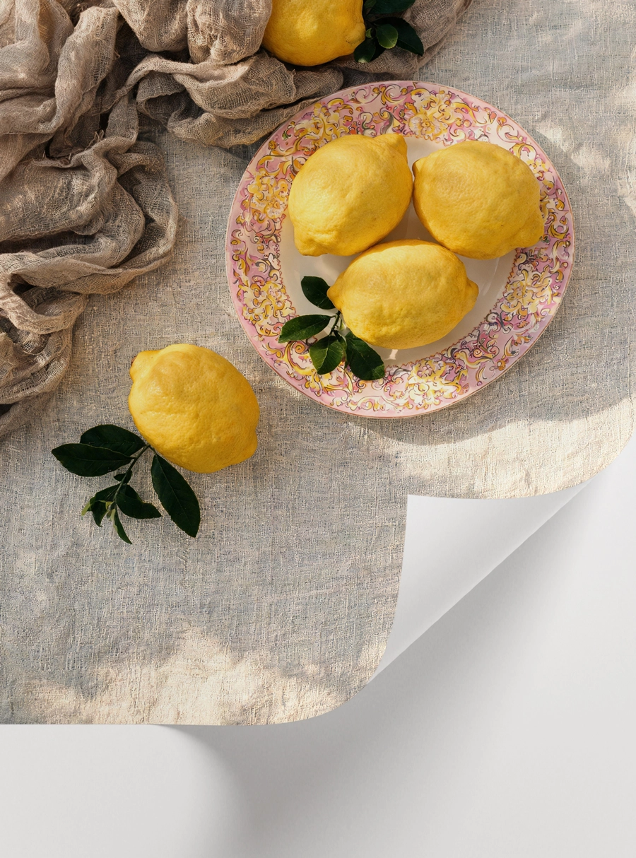 Lemons on a Pink Floral Plate Poster — Pembe Çiçekli Tabakta Limon - Görsel 2