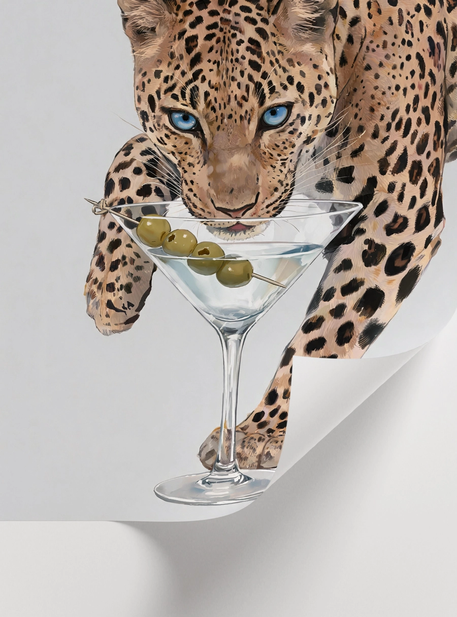 Leopard Martini modern maksimalist ev barı ve salon duvar dekorasyonu poster çalışması