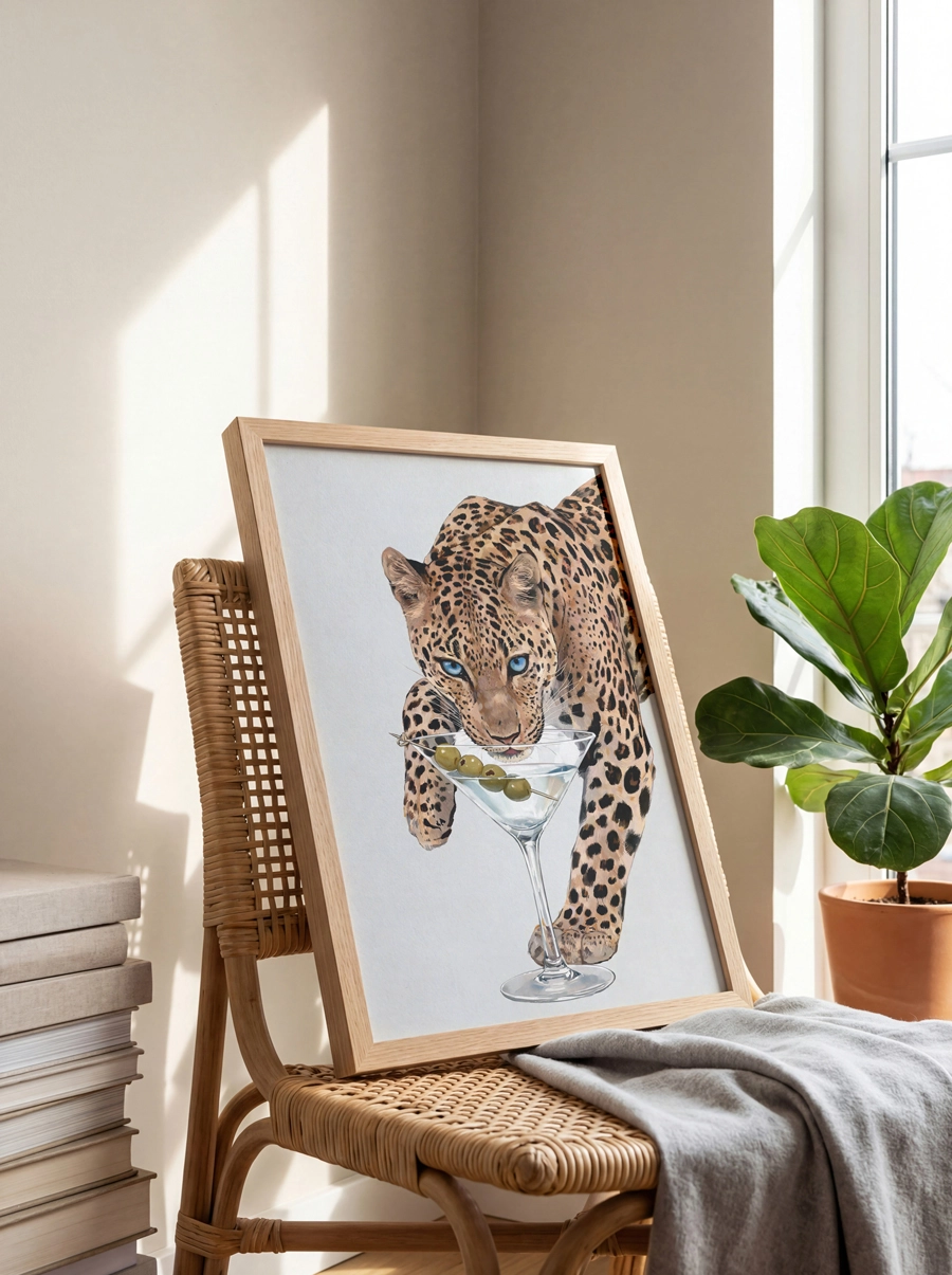 Leopard Martini Poster – Martini İçen Leopar İllüstrasyonu - Görsel 3
