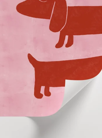 Red dachshund art print pembe zeminli köpek illüstrasyon tablo