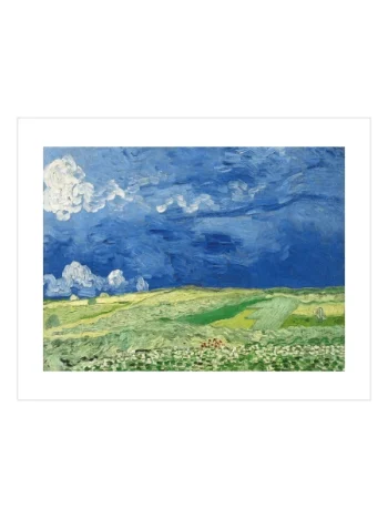 Vincent van Gogh’un mavi gökyüzü altında uzanan yeşil buğday tarlasını betimleyen Wheatfield under Thunderclouds posteri.