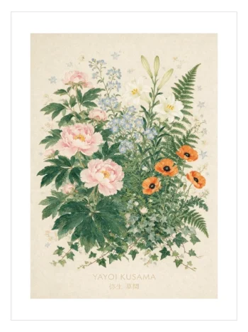 Yayoi Kusama botanical art poster krem zeminli çiçek tablosu