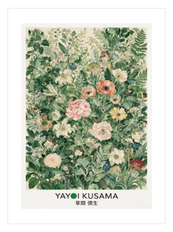 Yoğun yeşil yapraklar arasında pembe, krem, sarı ve mavi çiçekler bulunan botanik poster.