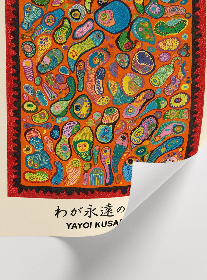 Yayoi Kusama Inspired Colorful Abstract Poster — Turuncu Zeminli Renkli Organik Desenler - Görsel 2