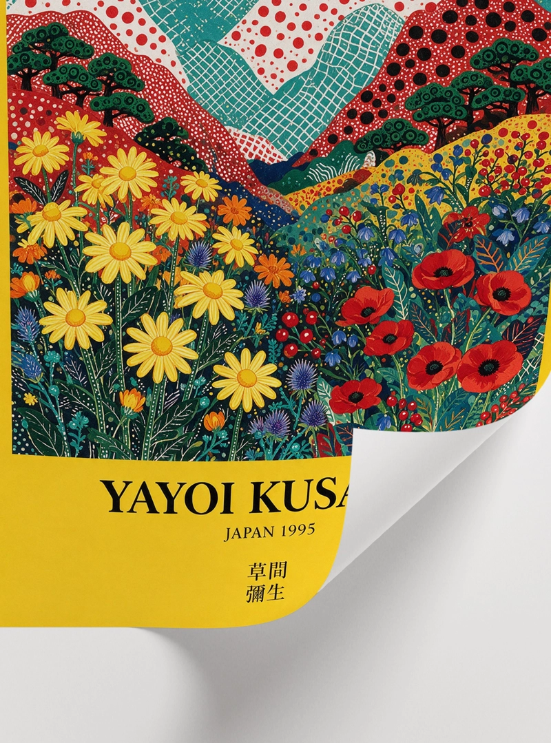 Yayoi Kusama Inspired Mountain Meadow Poster — Puantiyeli Dağlar ve Renkli Çiçekler - Görsel 2