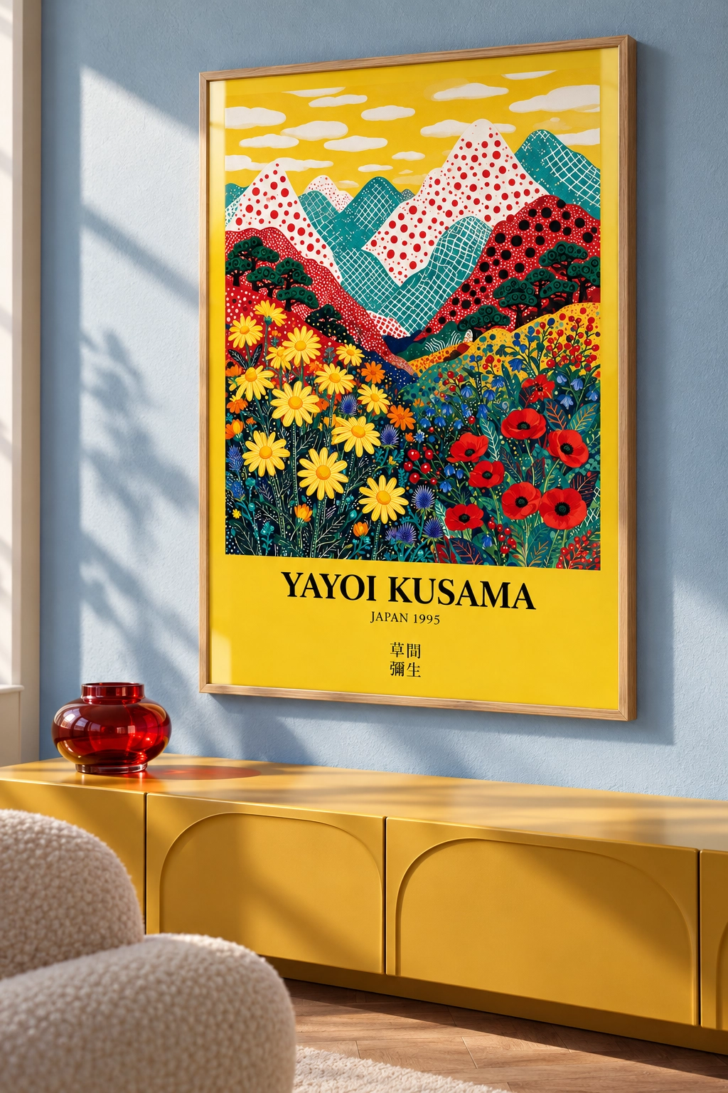 Yayoi Kusama Inspired Mountain Meadow Poster — Puantiyeli Dağlar ve Renkli Çiçekler - Görsel 3