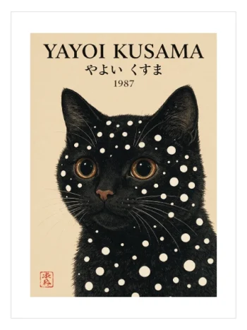 Krem zemin üzerinde beyaz puantiyeli siyah kedi illüstrasyonu bulunan poster.